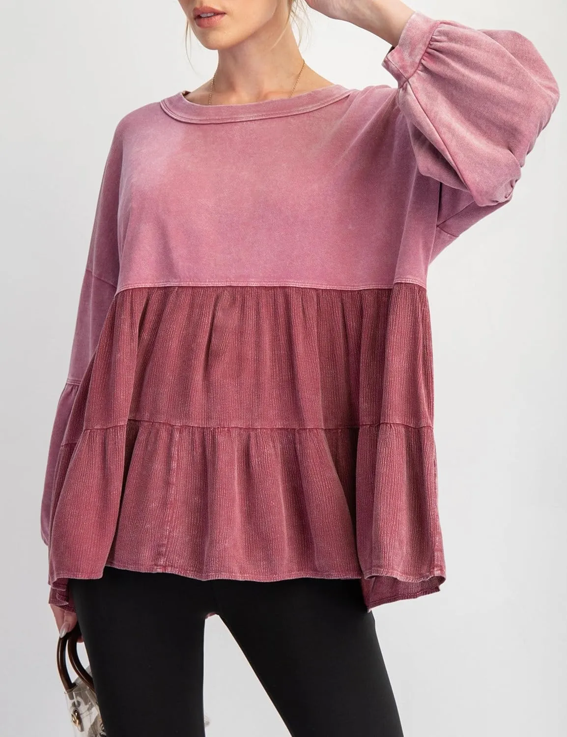 MISSACTIVER Women Peplum Ruffled Hem Patchwork Sweatshirt Babydoll Lantern Sleeve Crewneck Pullover Contrast Flowy Tunic Tops