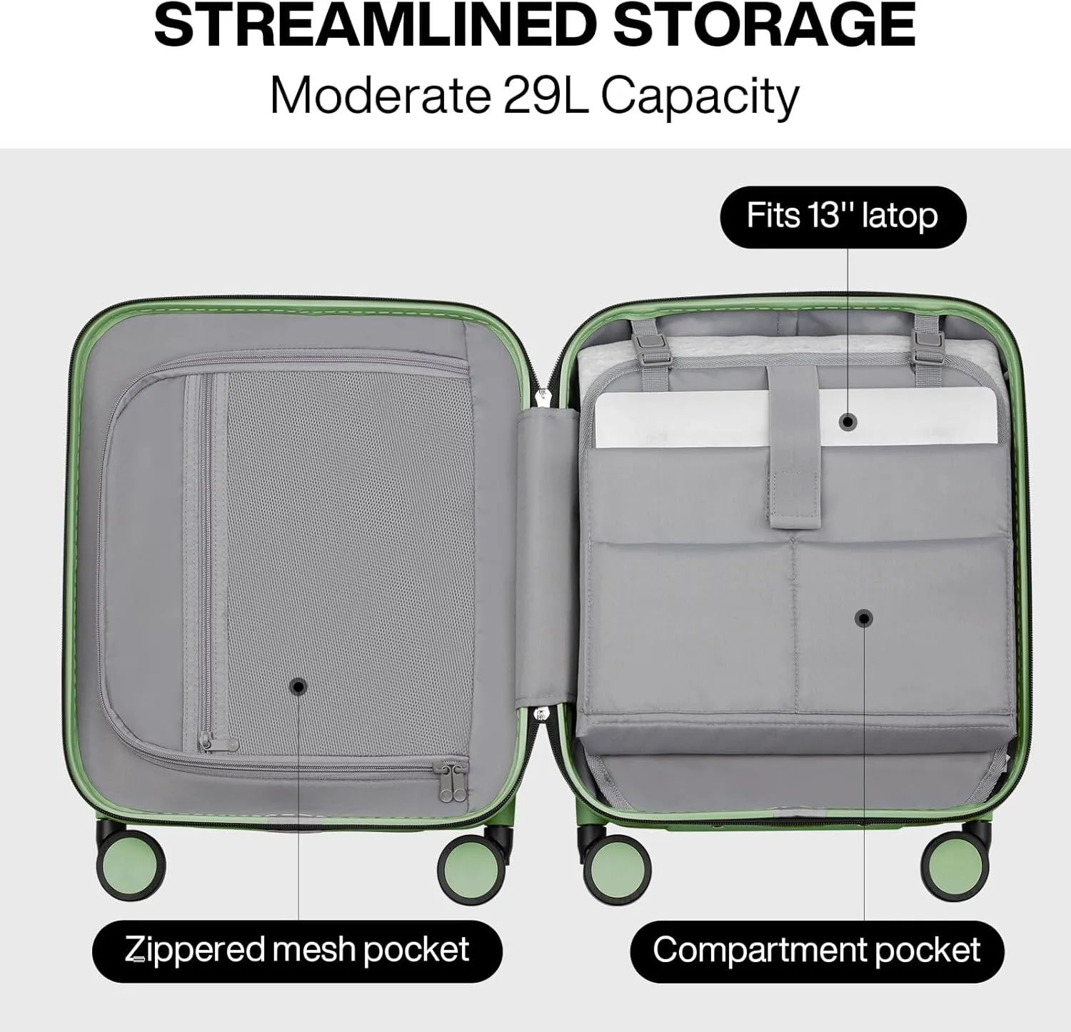mixi Underseat Carry on Luggage 16 Inch Hardshell PC Suitcase with Spinner Wheels TSA Lock for Travel, Avocado Green
