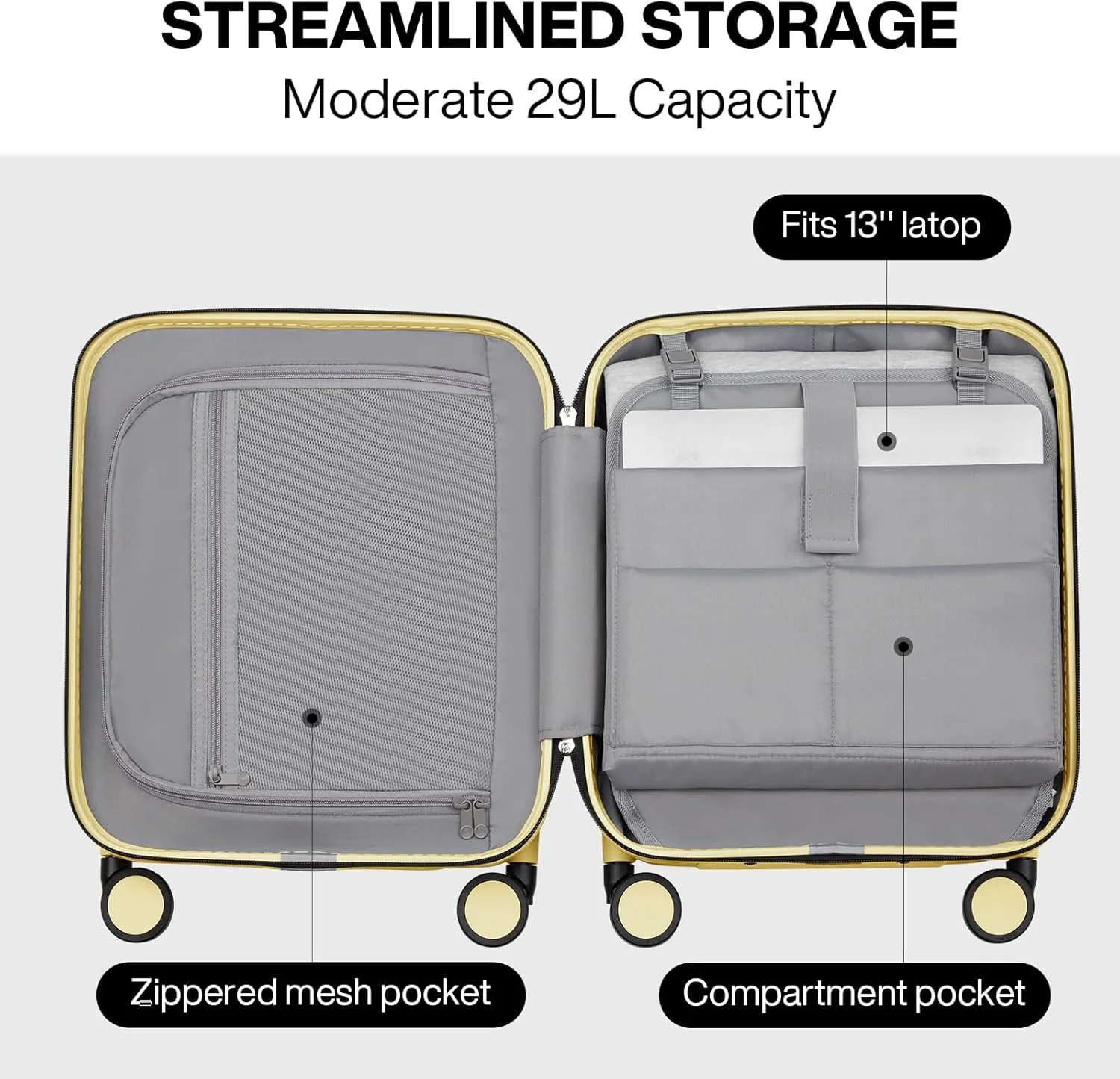mixi Underseat Carry on Luggage 16 Inch Hardshell PC Suitcase with Spinner Wheels TSA Lock for Travel, Lark Yellow
