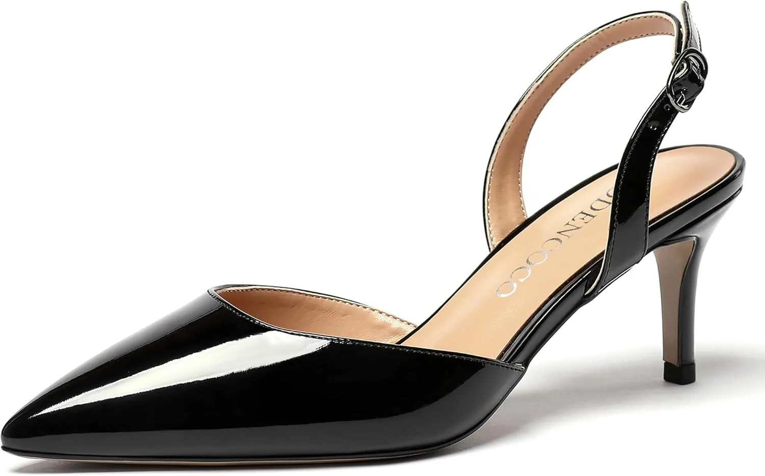 MODENCOCO Women's Patent Leather Pointed Toe Ankle Strap Cut Out Slingback Stiletto Mid Heel Pumps Shoes 2.5 Inch