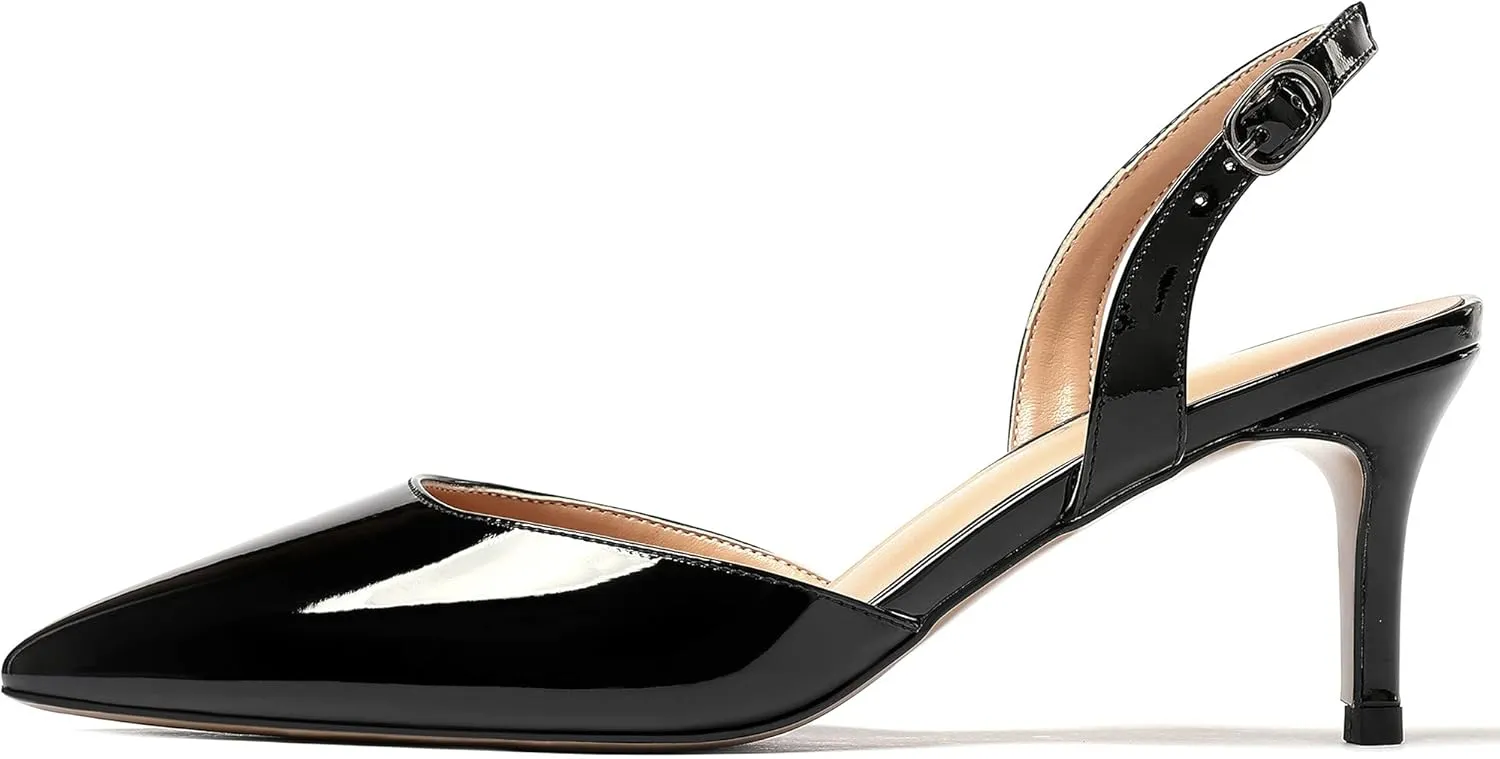 MODENCOCO Women's Patent Leather Pointed Toe Ankle Strap Cut Out Slingback Stiletto Mid Heel Pumps Shoes 2.5 Inch