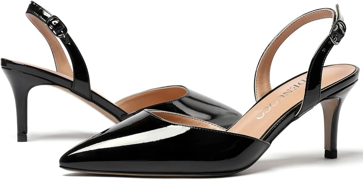 MODENCOCO Women's Patent Leather Pointed Toe Ankle Strap Cut Out Slingback Stiletto Mid Heel Pumps Shoes 2.5 Inch