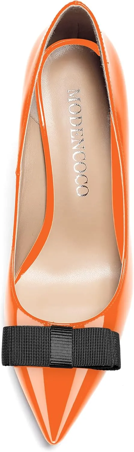 MODENCOCO Women's Slip On Pointed Toe Bow Patent Wedge Low Heel Pumps Evening Wedding Party Dress Shoes 2 Inch