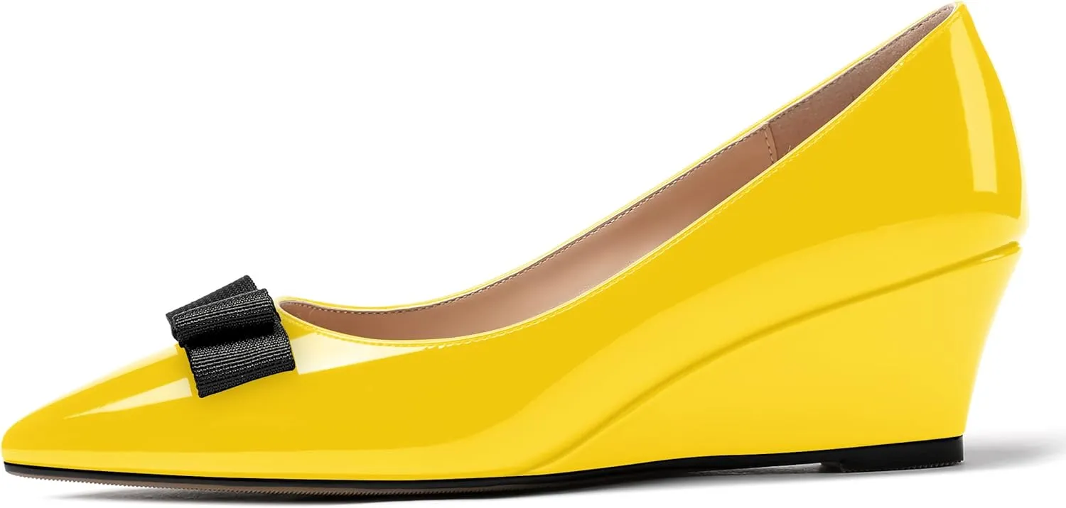 MODENCOCO Women's Slip On Pointed Toe Bow Patent Wedge Low Heel Pumps Evening Wedding Party Dress Shoes 2 Inch