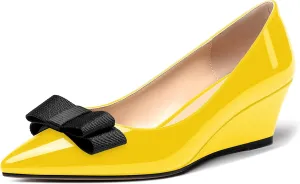 MODENCOCO Women's Slip On Pointed Toe Bow Patent Wedge Low Heel Pumps Evening Wedding Party Dress Shoes 2 Inch