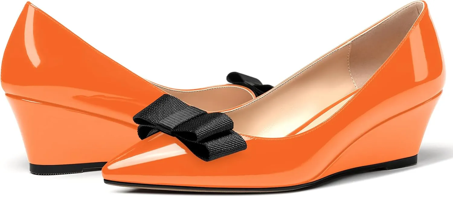 MODENCOCO Women's Slip On Pointed Toe Bow Patent Wedge Low Heel Pumps Evening Wedding Party Dress Shoes 2 Inch