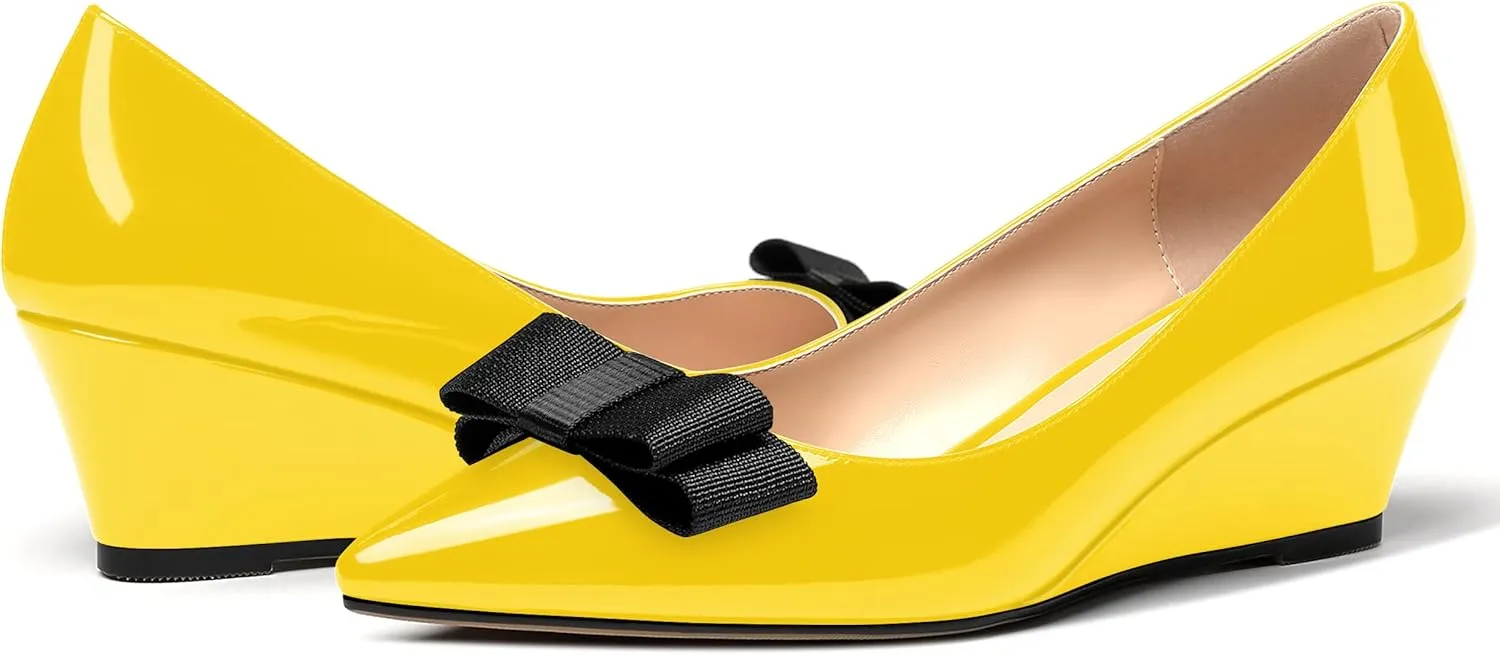MODENCOCO Women's Slip On Pointed Toe Bow Patent Wedge Low Heel Pumps Evening Wedding Party Dress Shoes 2 Inch