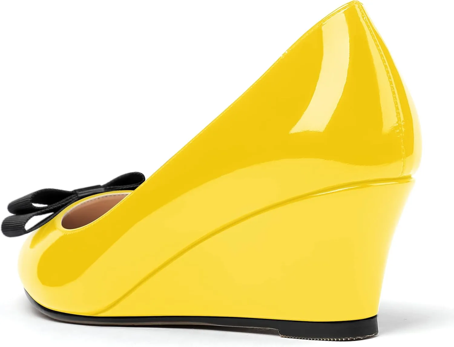 MODENCOCO Women's Slip On Pointed Toe Bow Patent Wedge Low Heel Pumps Evening Wedding Party Dress Shoes 2 Inch