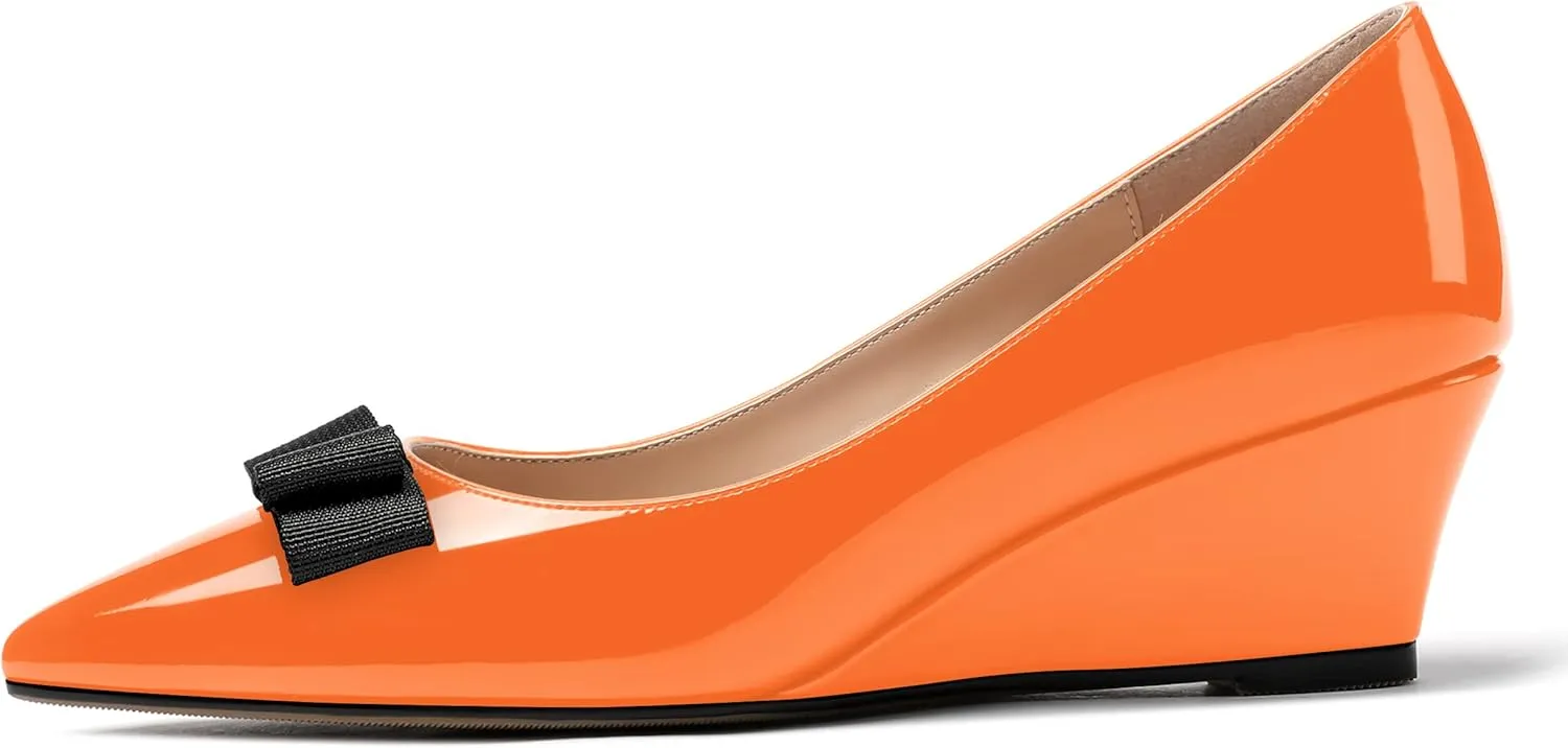 MODENCOCO Women's Slip On Pointed Toe Bow Patent Wedge Low Heel Pumps Evening Wedding Party Dress Shoes 2 Inch