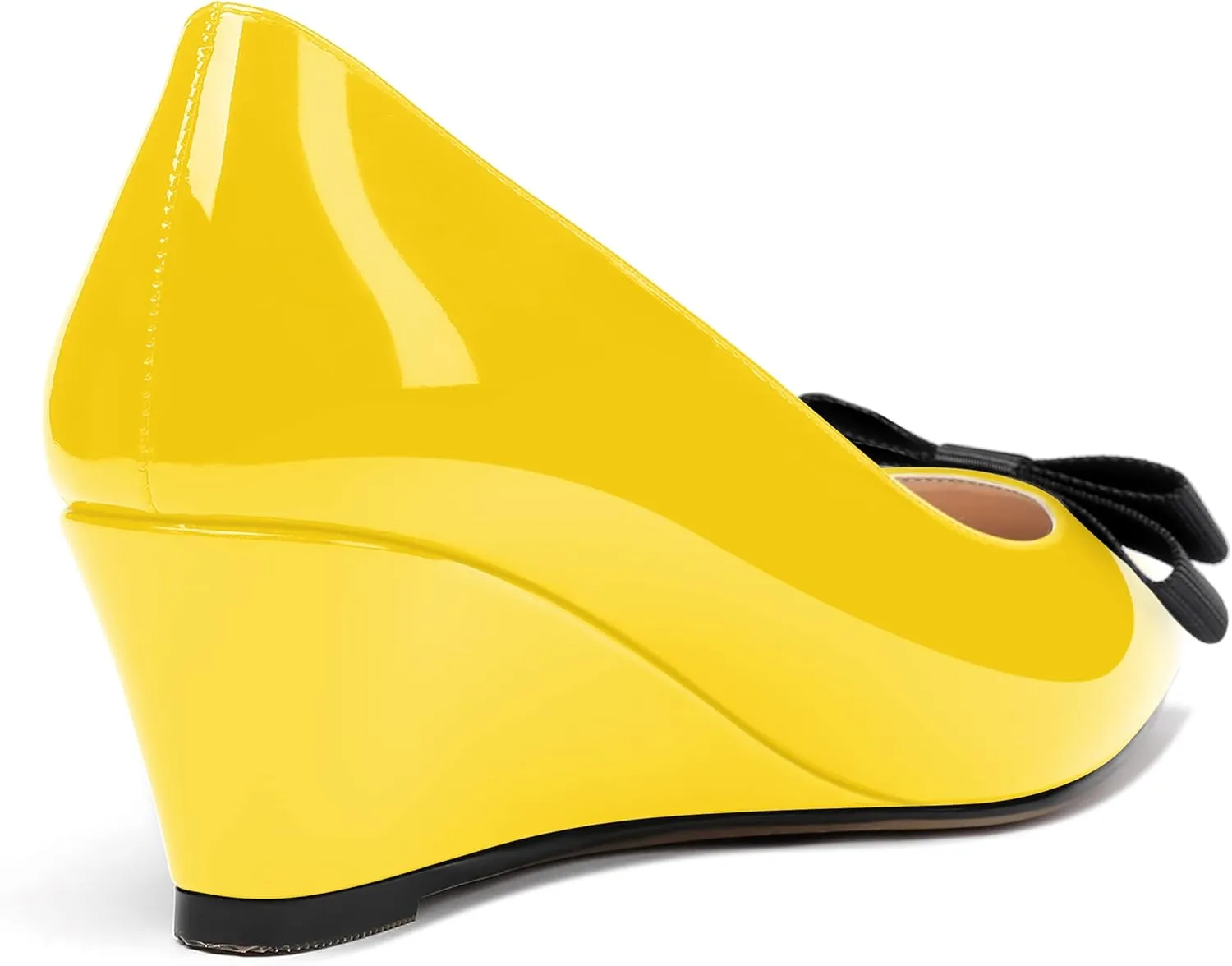 MODENCOCO Women's Slip On Pointed Toe Bow Patent Wedge Low Heel Pumps Evening Wedding Party Dress Shoes 2 Inch