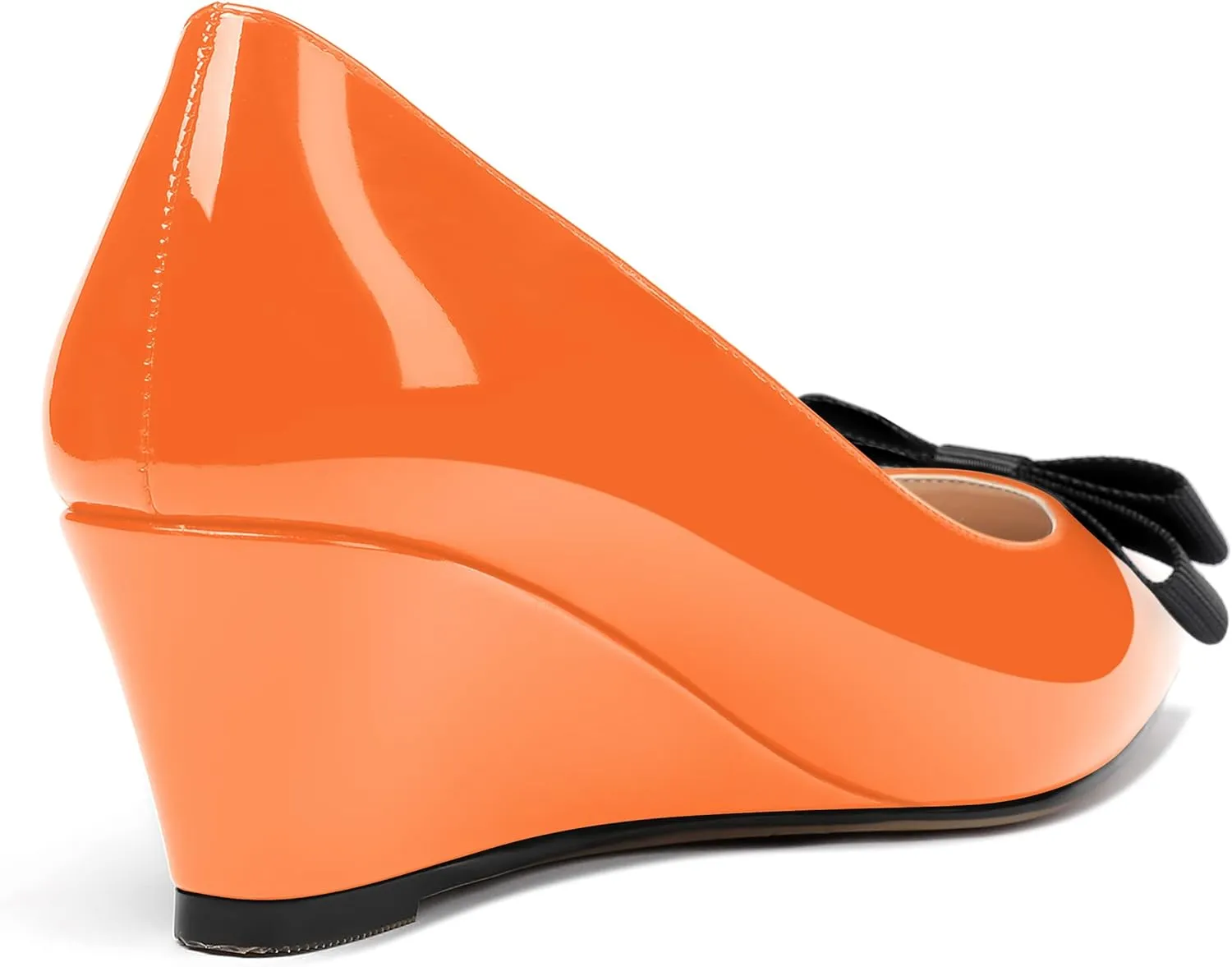 MODENCOCO Women's Slip On Pointed Toe Bow Patent Wedge Low Heel Pumps Evening Wedding Party Dress Shoes 2 Inch
