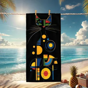 Modern Geometric Cat Beach Towel Black Colorful Shapes Design Quick Dry Lightweight Sand Free Travel Picnic Essential Must Have 70x35 Inch