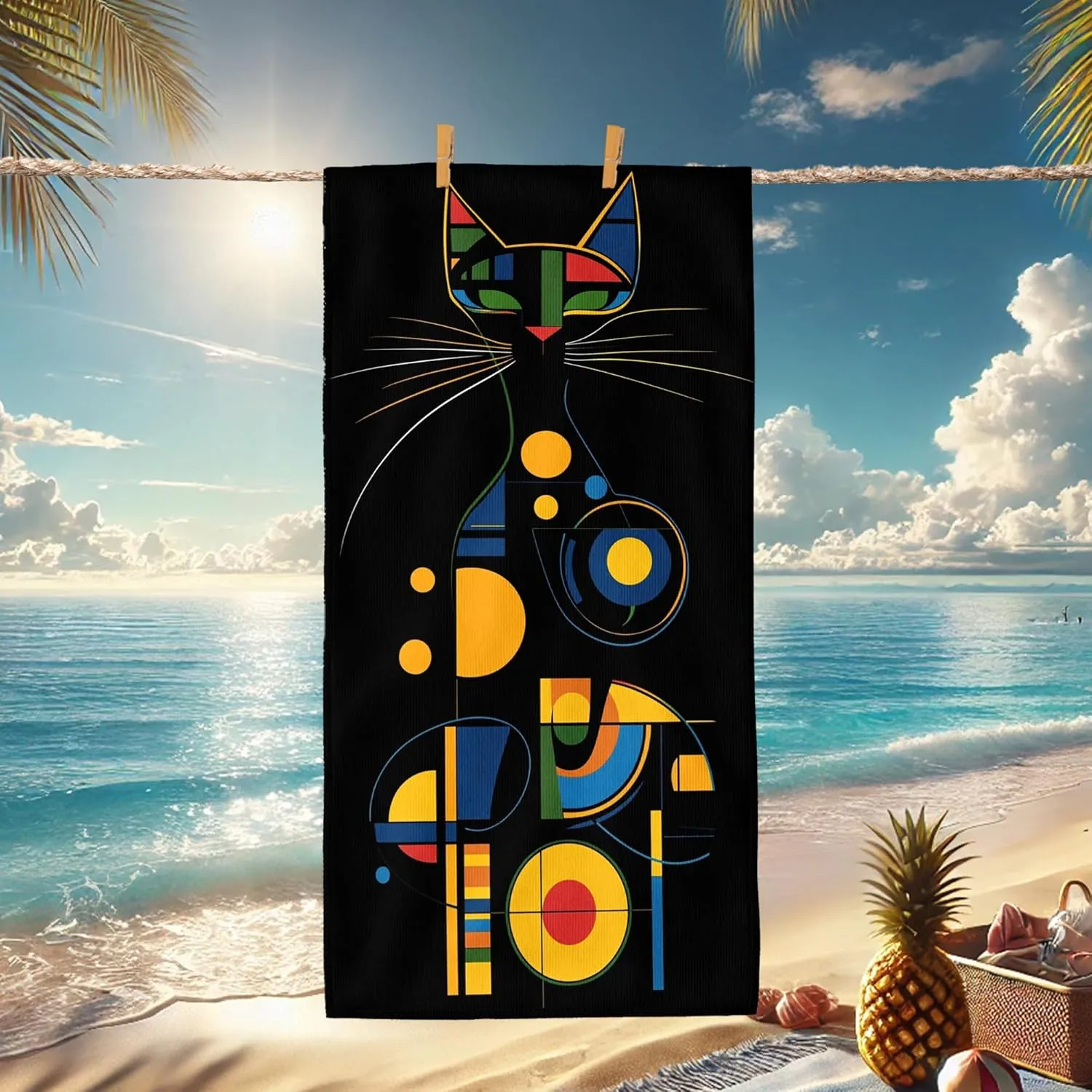 Modern Geometric Cat Beach Towel Black Colorful Shapes Design Quick Dry Lightweight Sand Free Travel Picnic Essential Must Have 70x35 Inch