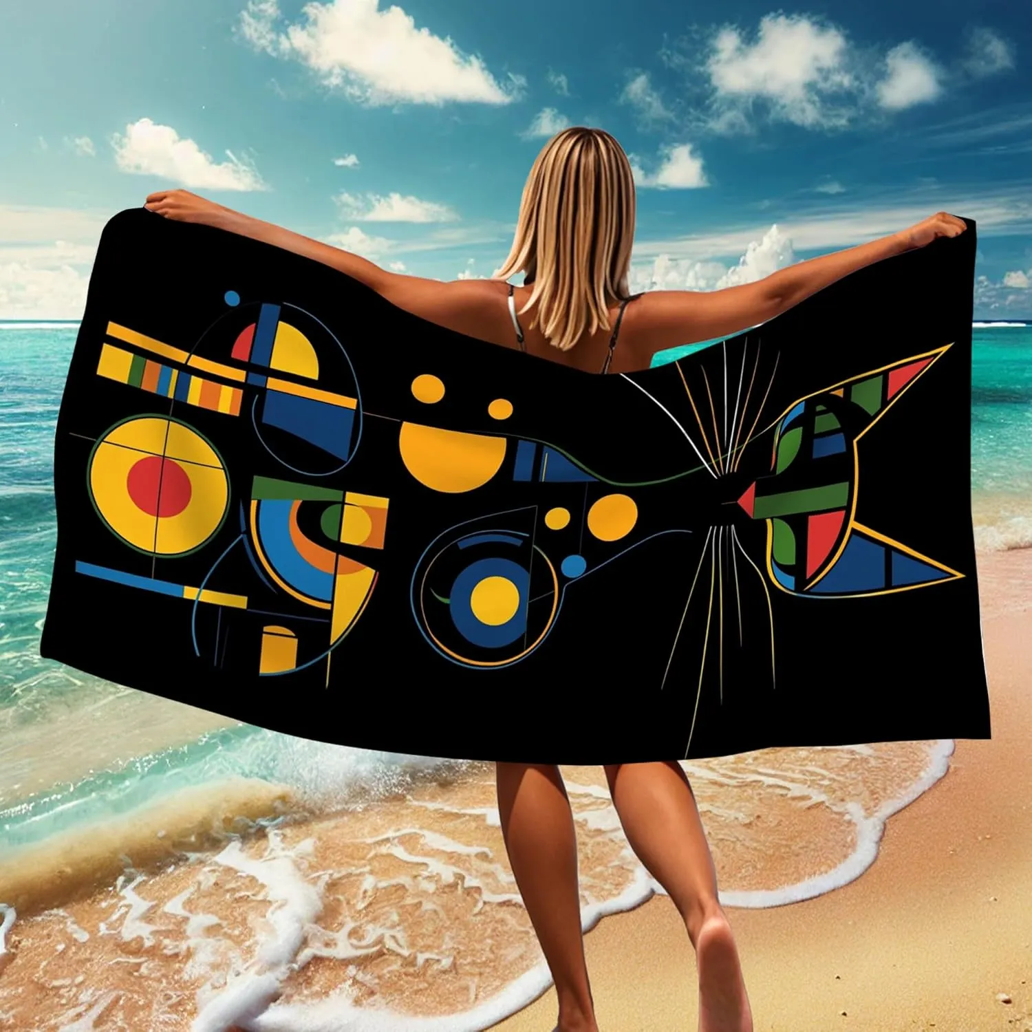 Modern Geometric Cat Beach Towel Black Colorful Shapes Design Quick Dry Lightweight Sand Free Travel Picnic Essential Must Have 70x35 Inch