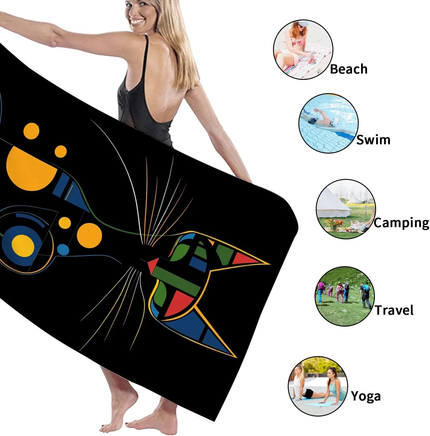 Modern Geometric Cat Beach Towel Black Colorful Shapes Design Quick Dry Lightweight Sand Free Travel Picnic Essential Must Have 70x35 Inch