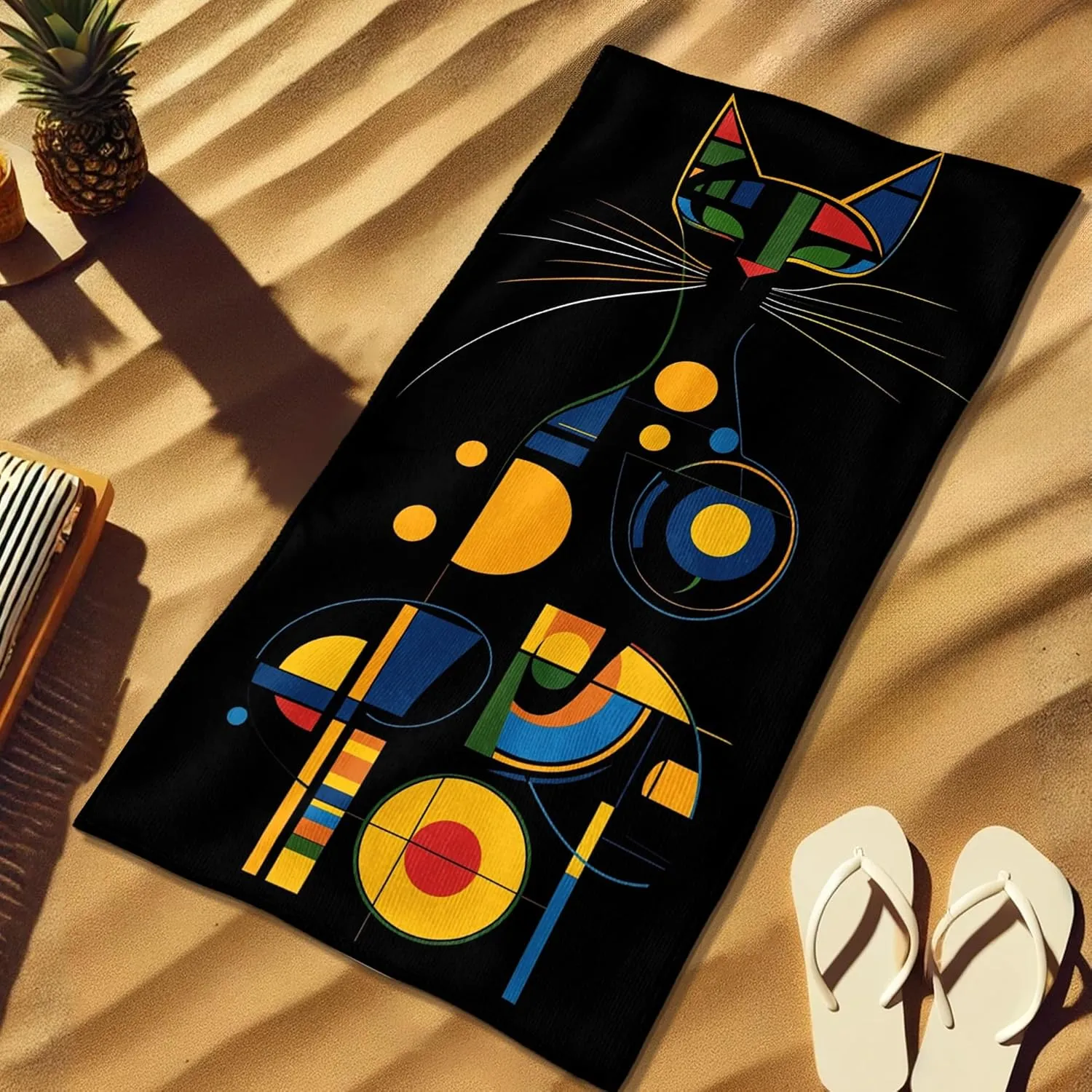 Modern Geometric Cat Beach Towel Black Colorful Shapes Design Quick Dry Lightweight Sand Free Travel Picnic Essential Must Have 70x35 Inch