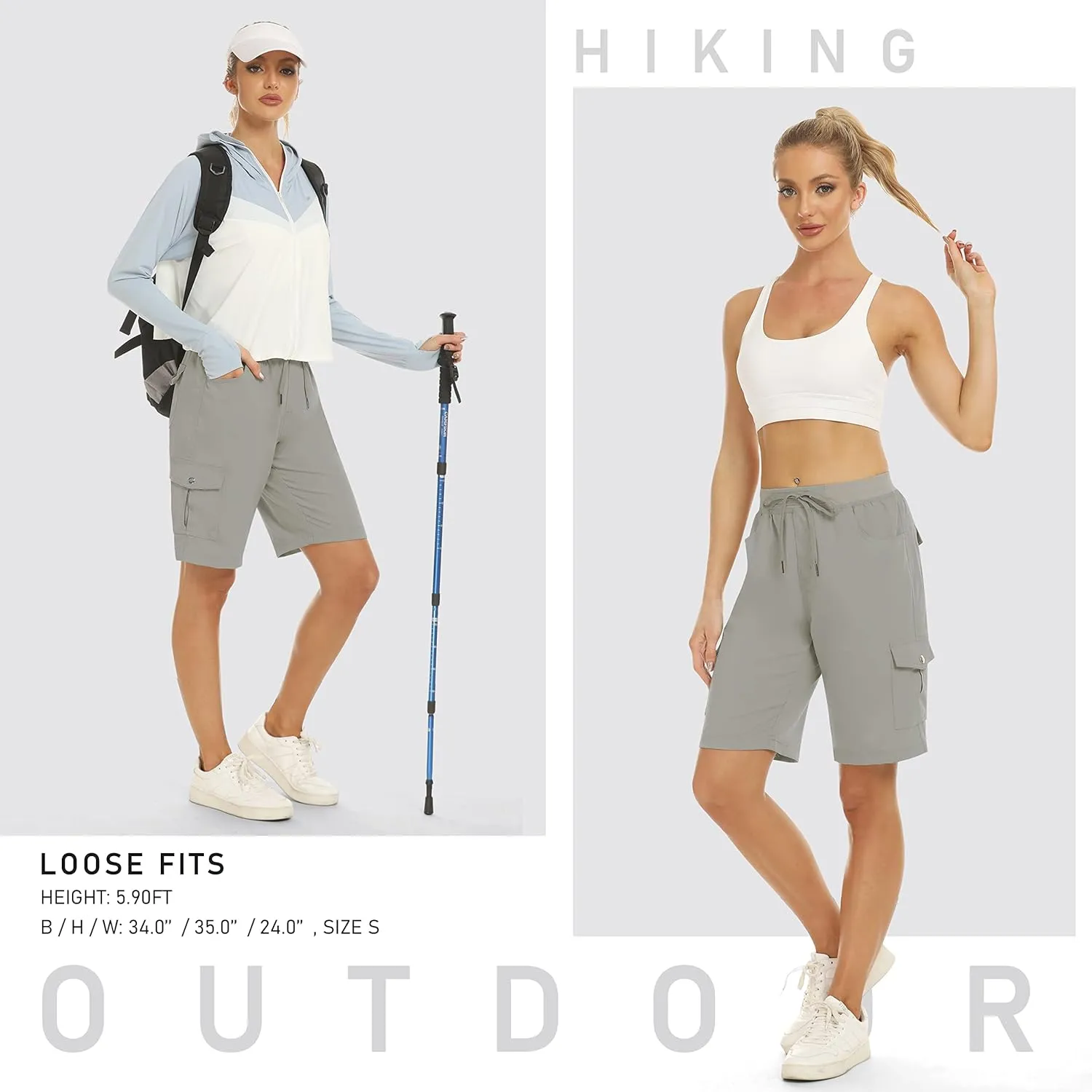 MoFiz Women's 10" Hiking Cargo Shorts 6 Pockets Lightweight Quick Dry Outdoor Running Athletic Short Summer Travel Loose