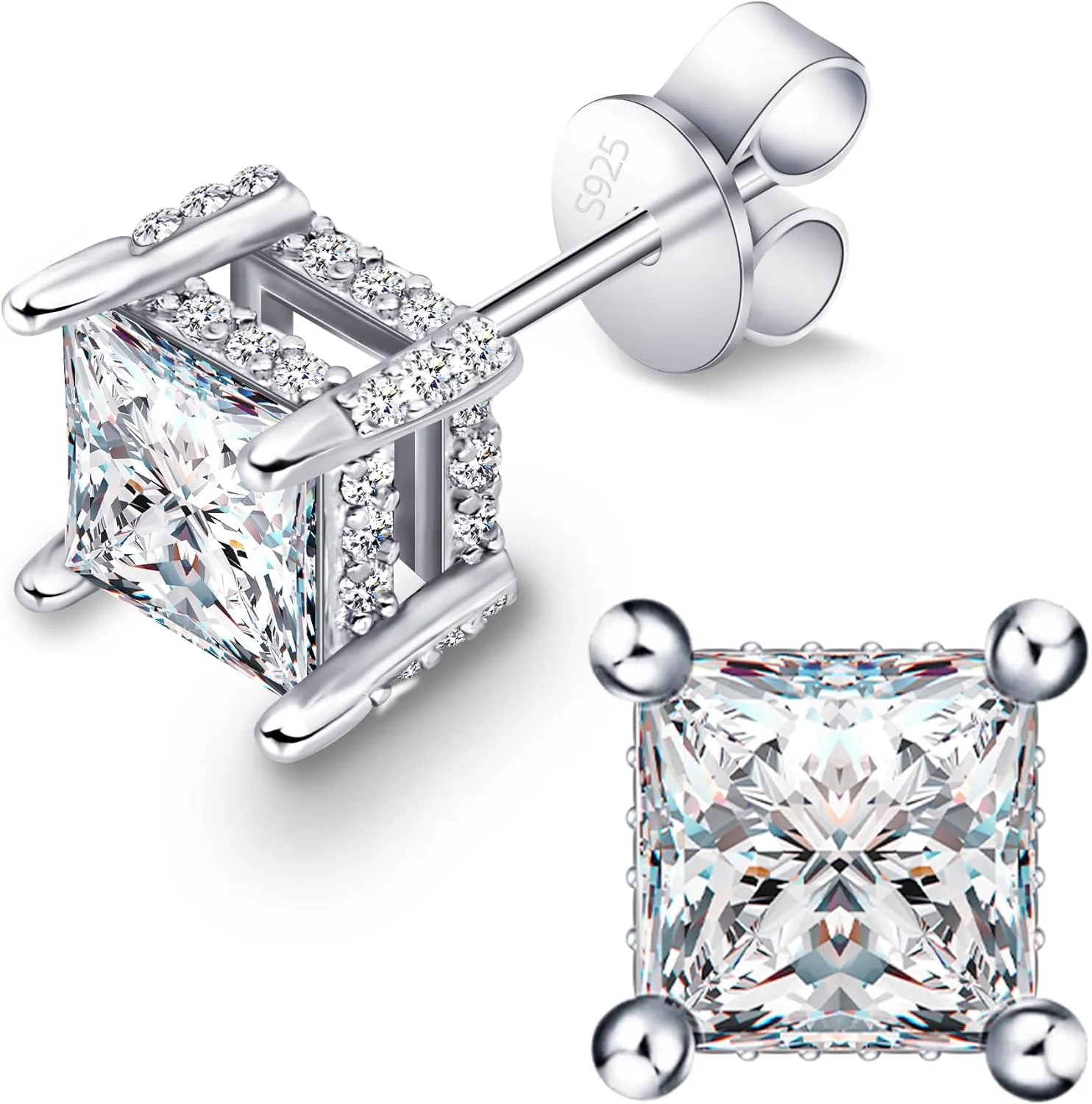 Moissanite Earrings Studs 1ct-3ct for Women/Men, 925 Sterling Silver with 18K White Gold Plated Hypoallergenic Flat Screw Back Birthday Gifts for Women Girlfriend Wife Engagement Jewelry