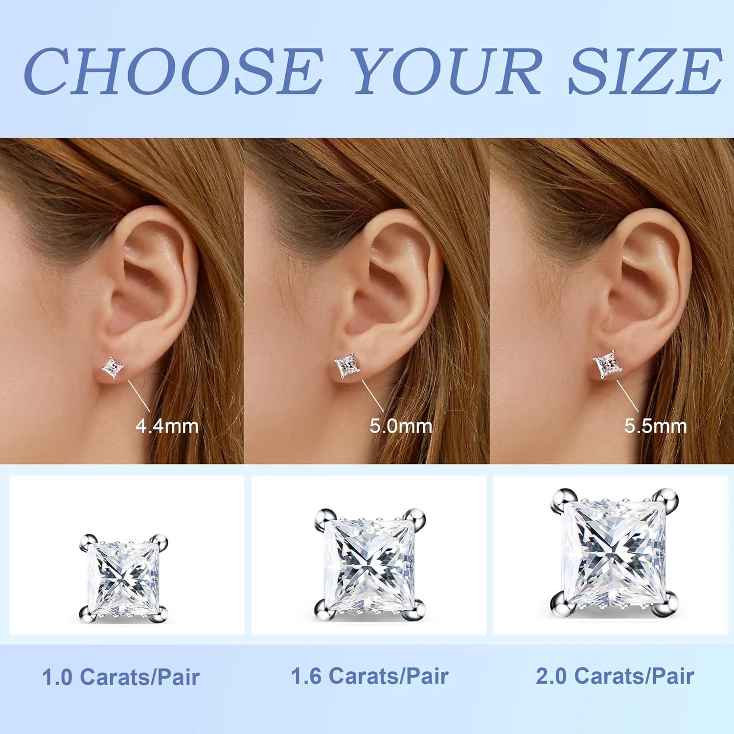 Moissanite Earrings Studs 1ct-3ct for Women/Men, 925 Sterling Silver with 18K White Gold Plated Hypoallergenic Flat Screw Back Birthday Gifts for Women Girlfriend Wife Engagement Jewelry
