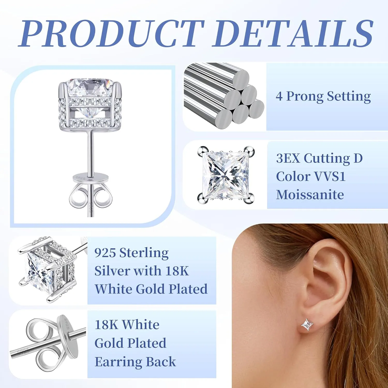 Moissanite Earrings Studs 1ct-3ct for Women/Men, 925 Sterling Silver with 18K White Gold Plated Hypoallergenic Flat Screw Back Birthday Gifts for Women Girlfriend Wife Engagement Jewelry