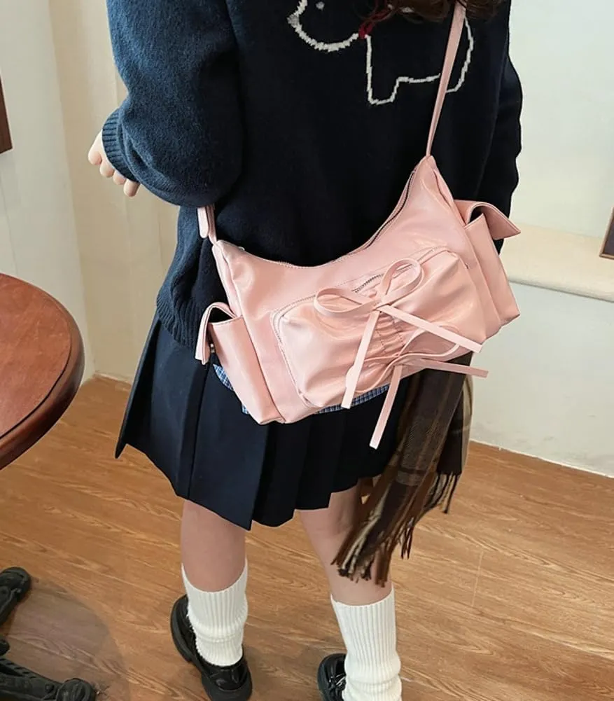 Molodo Crossbody Bags for Women Bow Bag Purses for Women Trendy Chic Shoulder Bag Burgundy Purse Pleated Handbag Underarm Bag
