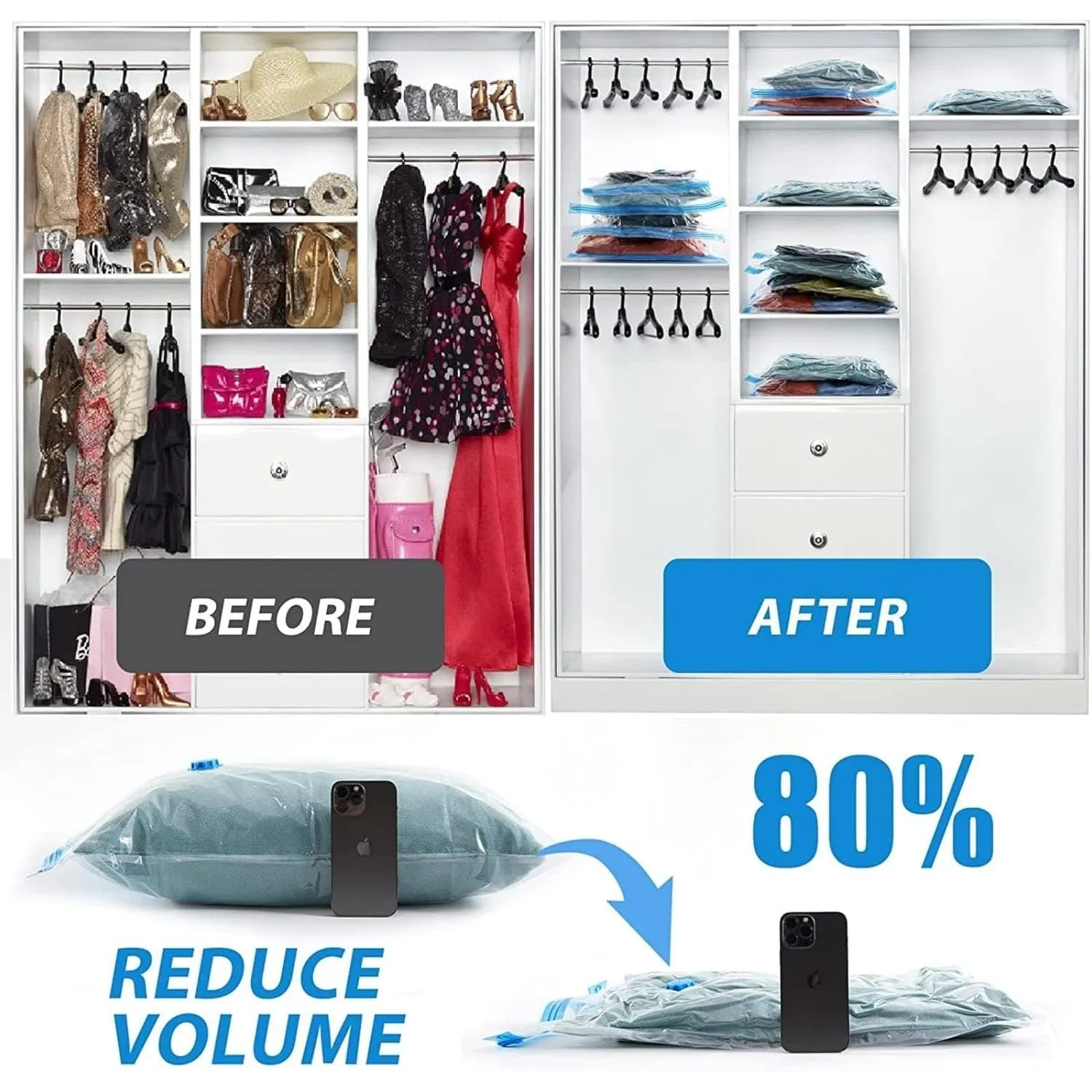 MOMENT 5 Pack Vacuum Storage Bags,Space Saver Bags With Suction Pump,Vacuum Sealer Bags for Store Clothing,Comforters,3 Size: [2Pcs 50 * 70cm][2Pcs 60 * 80cm][1Pcs 80 * 100cm]