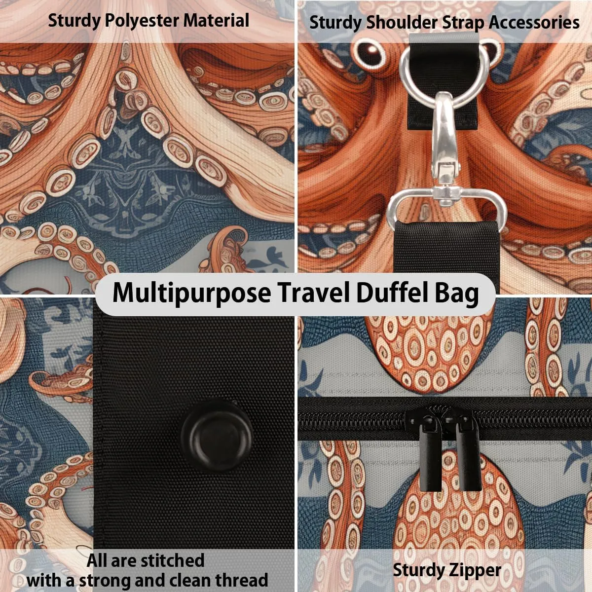 Monster Octopus Travel Duffle Bag for Women Men Gym Duffel Foldable Bag Waterproof Weekender Retro Painting Duffle Tote