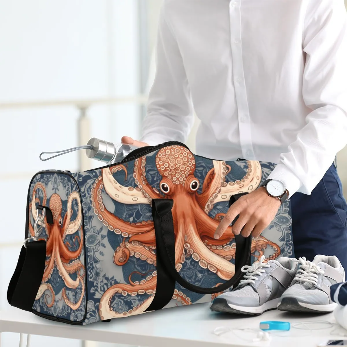 Monster Octopus Travel Duffle Bag for Women Men Gym Duffel Foldable Bag Waterproof Weekender Retro Painting Duffle Tote