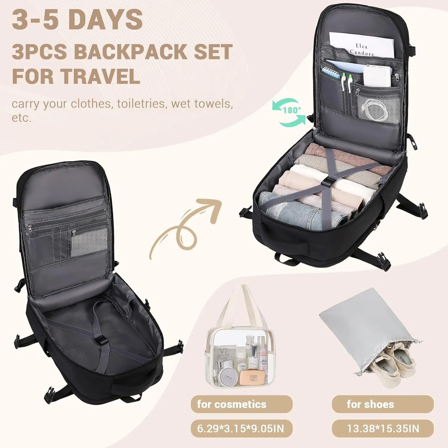 MOONBABY Travel Backpack Carry on Flight Approved for Women Fits 17 inch Laptop Large College Bookbag Personal Item Travel Bag with Makeup Bag and Shoe Bag, Black