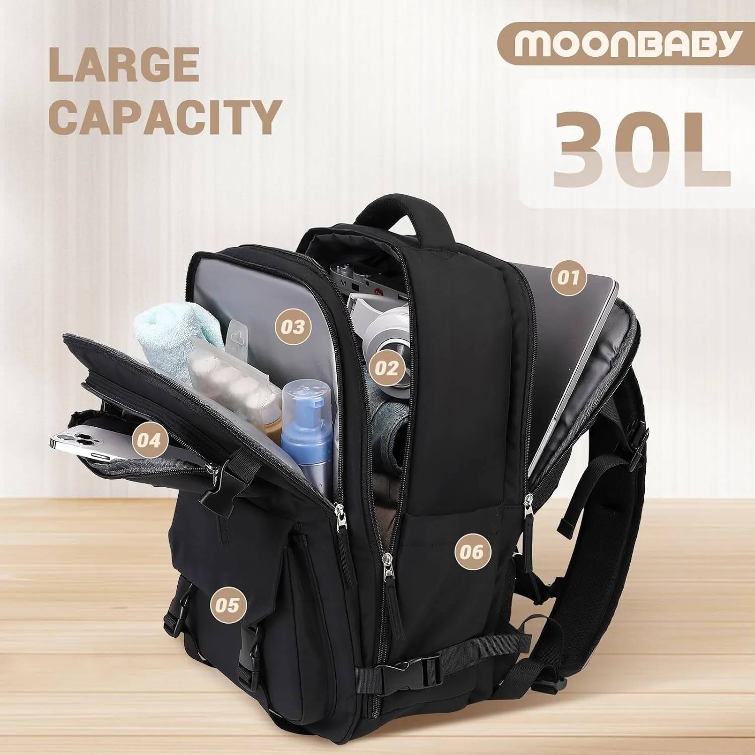 MOONBABY Travel Backpack Carry on Flight Approved for Women Fits 17 inch Laptop Large College Bookbag Personal Item Travel Bag with Makeup Bag and Shoe Bag, Black