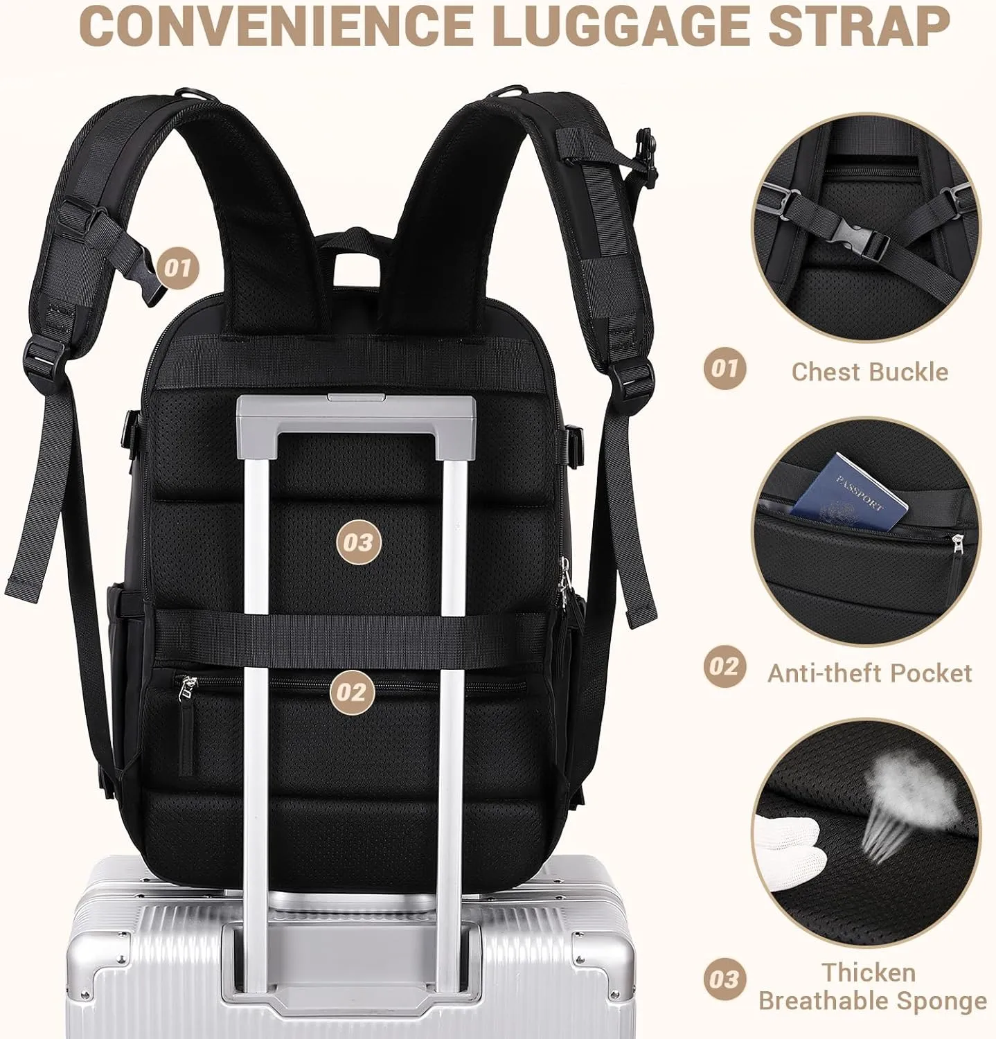 MOONBABY Travel Backpack Carry on Flight Approved for Women Fits 17 inch Laptop Large College Bookbag Personal Item Travel Bag with Makeup Bag and Shoe Bag, Black