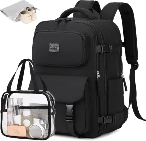 MOONBABY Travel Backpack Carry on Flight Approved for Women Fits 17 inch Laptop Large College Bookbag Personal Item Travel Bag with Makeup Bag and Shoe Bag, Black
