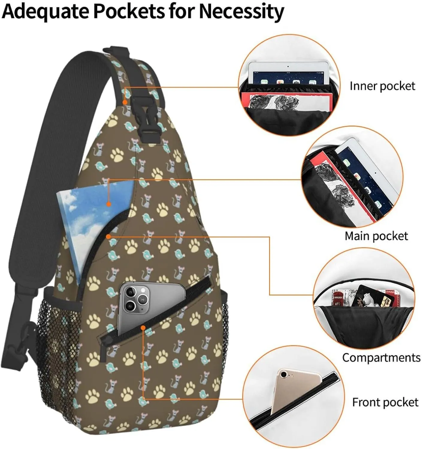 Mouse Cat Paw Bird Cross Chest Bag Diagonally Hiking Crossbody Bag Travel Shoulder Daypack Lightweight Sling Backpack Cycling Daypacks Fitness Chest Backpacks
