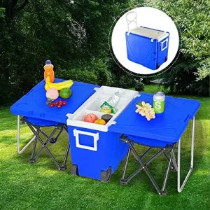Multi-Function Insulated Beverage Rolling Cooler Warm, Picnic Camping Outdoor w/Table & 2 Portable Foldable Camping Fishing Chair Stool with Carrying Bag (Blue)