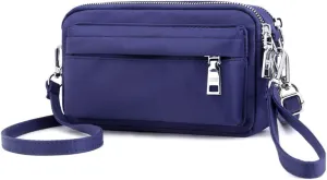 Multi-Zipper Crossbody Handbag Purse, Women's Nylon Wristlet Mini Crossbody Bag Clutch with 2 Straps