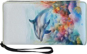 Mumeson Dolphin Long Wallet Women's Luxury Long Leather Purse with Zipper Wristlet Cash Organizer Wallet Change Handbag with Wristlet Flag Sloth Print Wallet