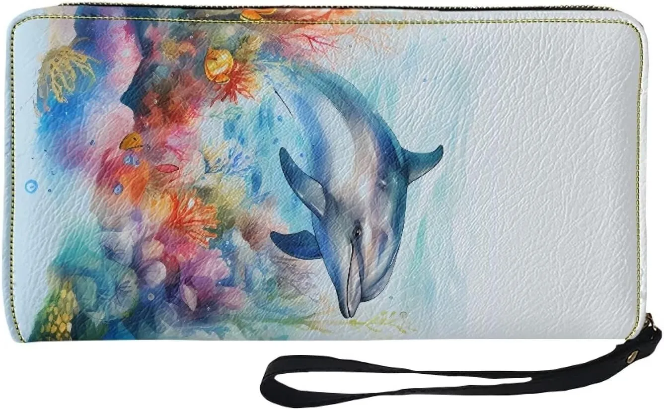 Mumeson Dolphin Long Wallet Women's Luxury Long Leather Purse with Zipper Wristlet Cash Organizer Wallet Change Handbag with Wristlet Flag Sloth Print Wallet