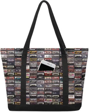 Music Tapes Tote Bag Tote Bag for Women Reusable Grocery Shopping Cloth Bags with Zipper Large Capacity Foldable Handbag Gym Bag for Gift Activity