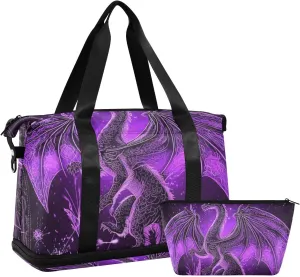 Mysterious Purple Dragon Travel Duffel Bags Carry On Tote Bag with Adjustable Strap for Hiking Foldable