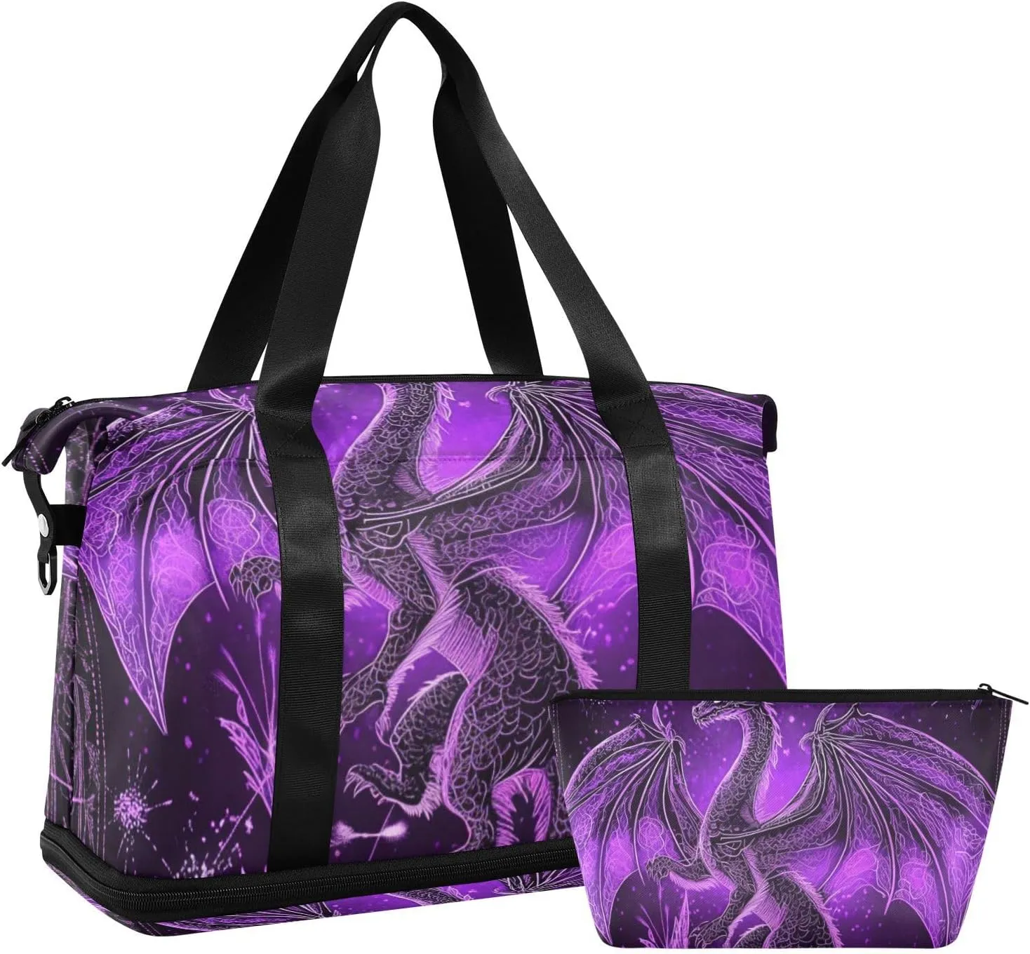 Mysterious Purple Dragon Travel Duffel Bags Carry On Tote Bag with Adjustable Strap for Hiking Foldable