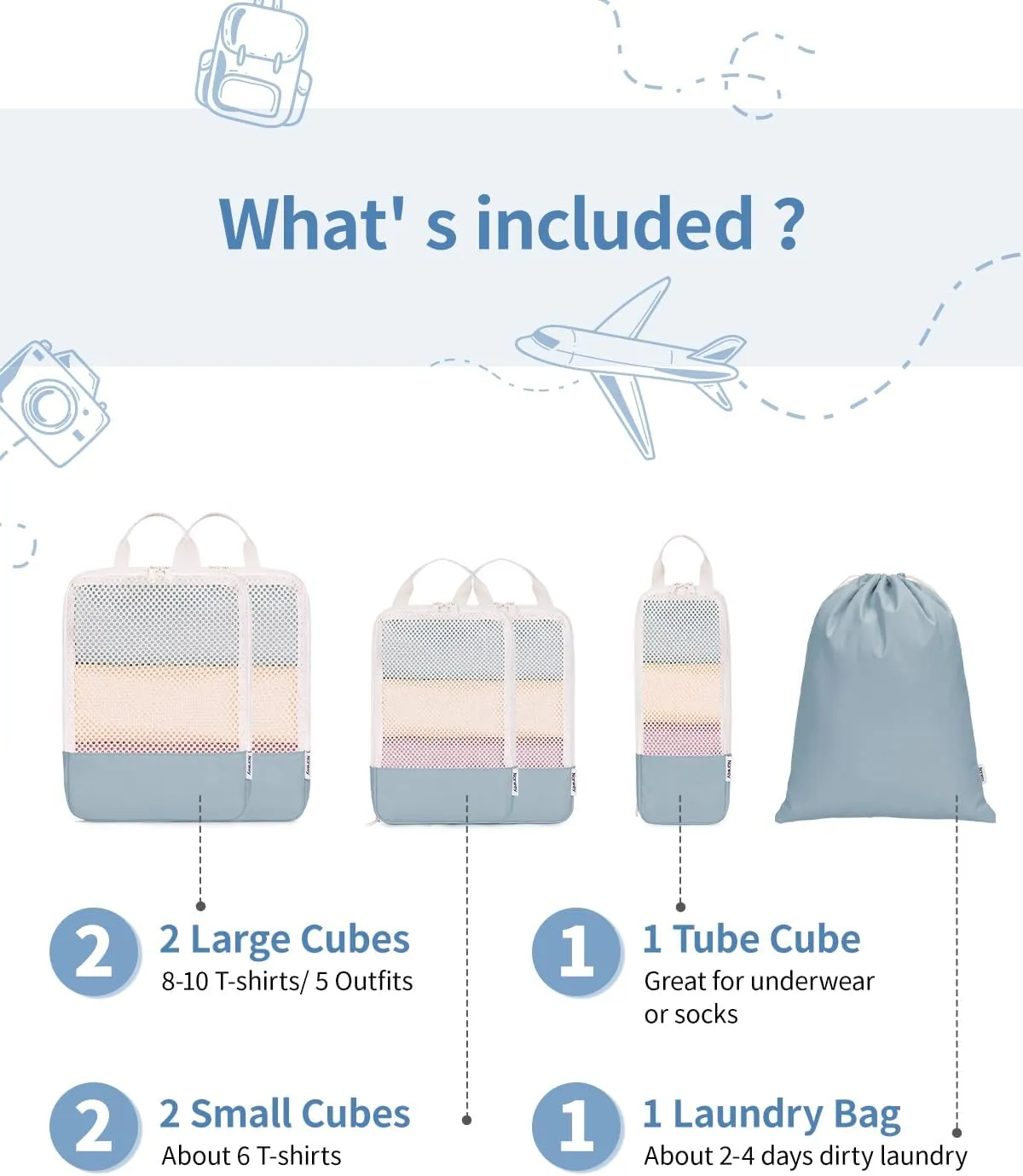 Narwey 6 Set Compression Packing Cubes Travel for Carry on Women, Packing Organizers Bag for Backpack Luggage Suitcase Duffle Bags (Grayish Blue)