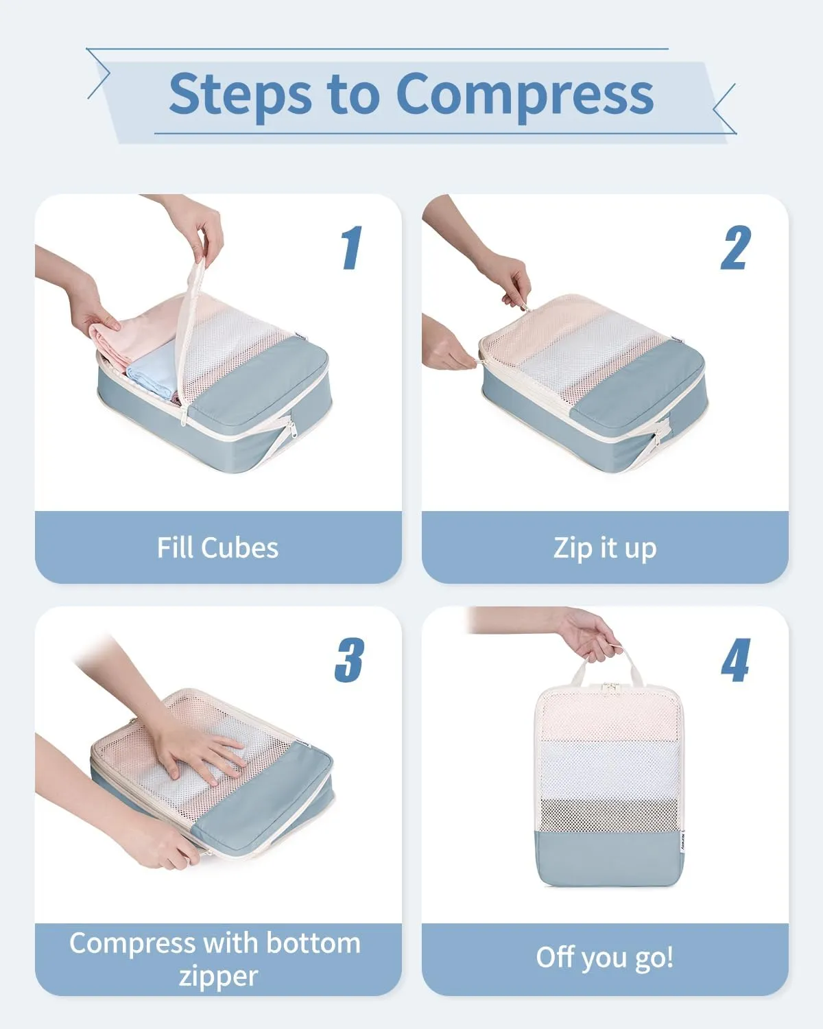 Narwey 6 Set Compression Packing Cubes Travel for Carry on Women, Packing Organizers Bag for Backpack Luggage Suitcase Duffle Bags (Grayish Blue)