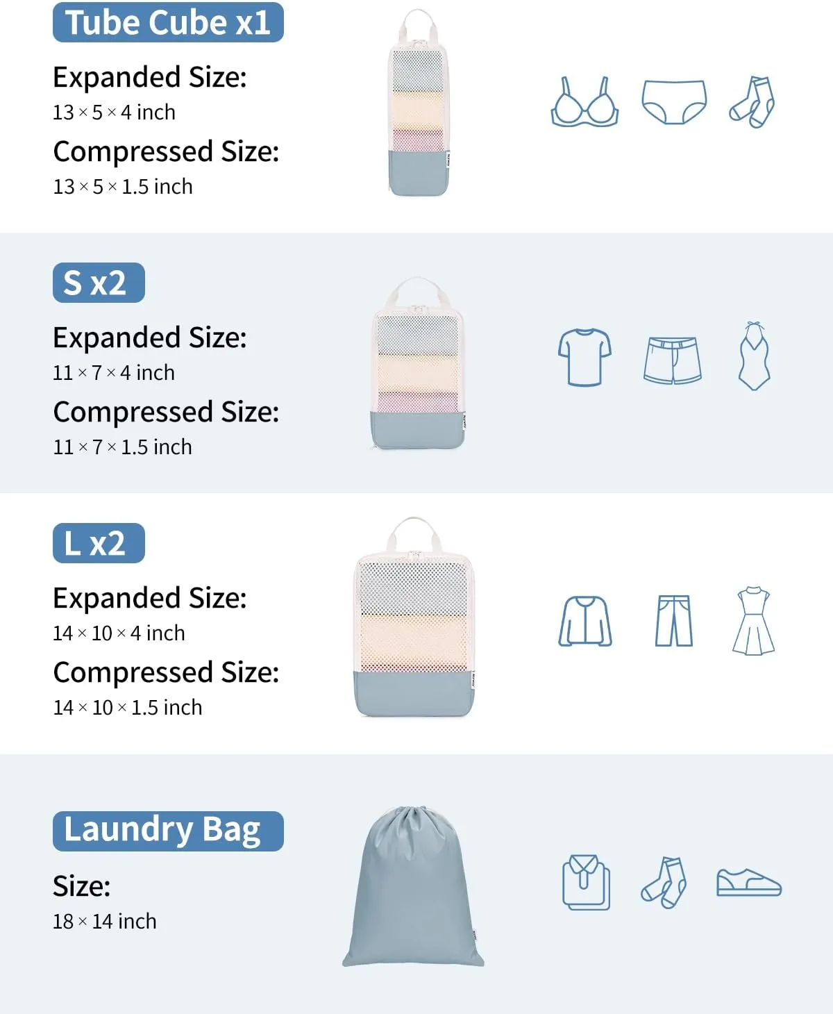 Narwey 6 Set Compression Packing Cubes Travel for Carry on Women, Packing Organizers Bag for Backpack Luggage Suitcase Duffle Bags (Grayish Blue)
