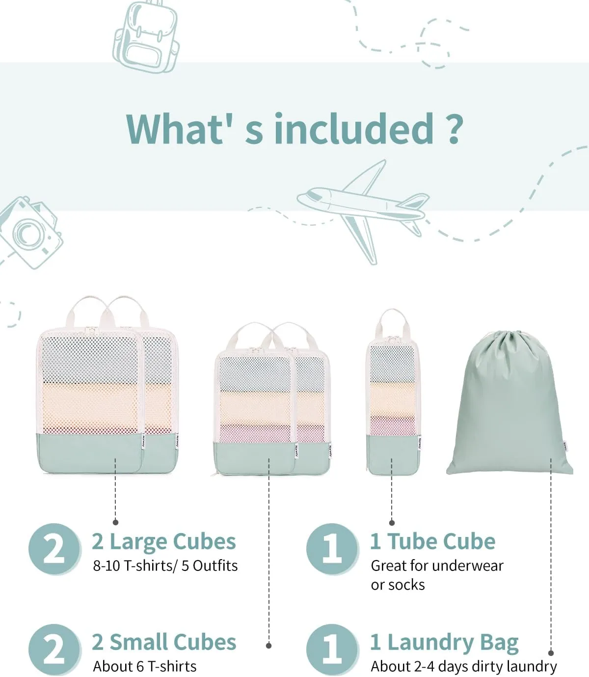 Narwey 6 Set Compression Packing Cubes Travel for Carry on Women, Packing Organizers Bag for Backpack Luggage Suitcase Duffle Bags (Mint Green)