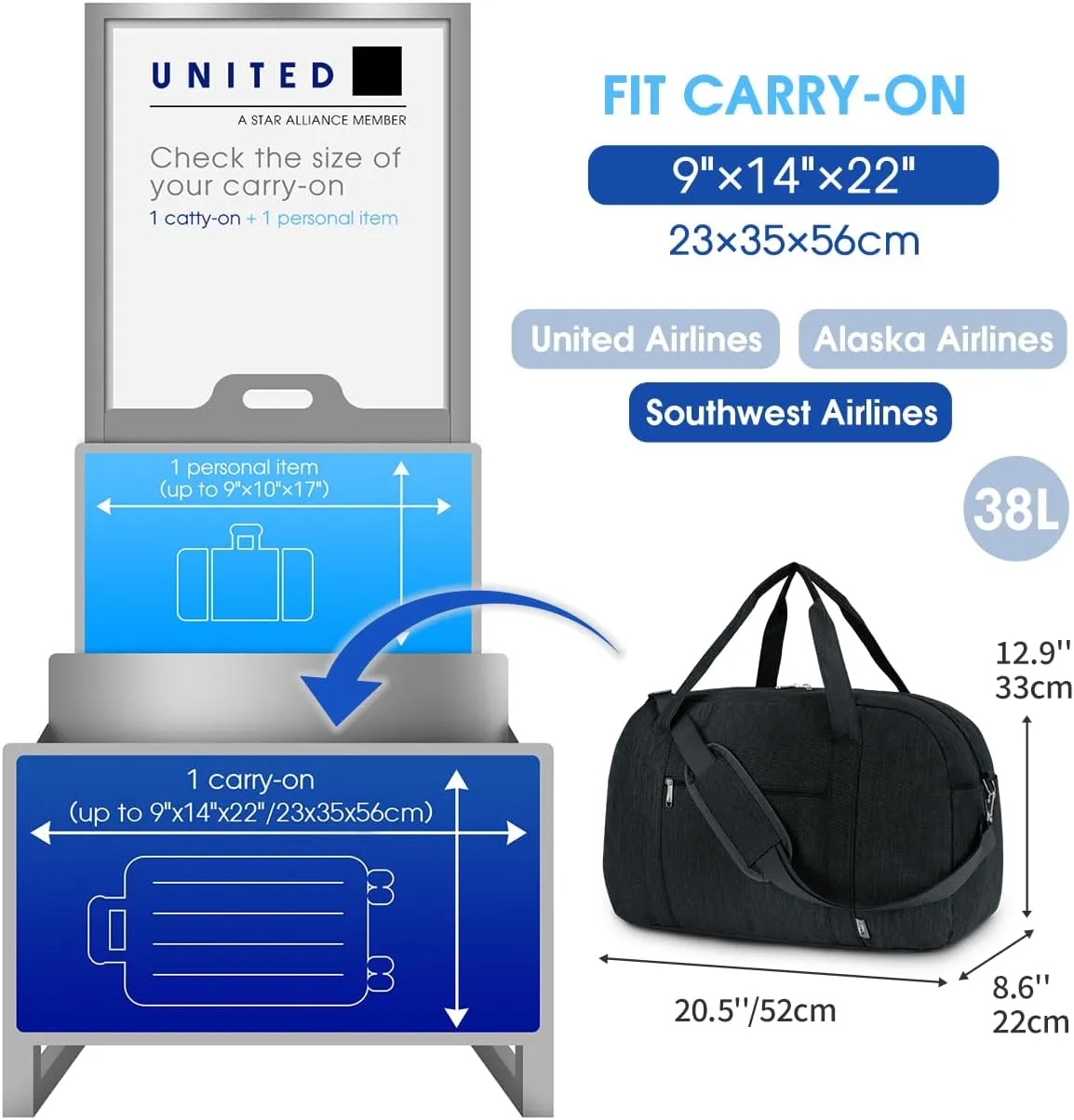 Narwey Carry on Bag 22x14x9 Airlines Approved, Carry on Duffle Bag for Airplane with Wet Pocket, Travel Duffel Bag Luggage Bag Weekender Overnight for Women Men (Black)