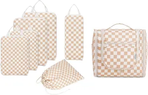 Narwey Checked Hanging Travel Toiletry Bag with 6 Set Compression Packing Cubes