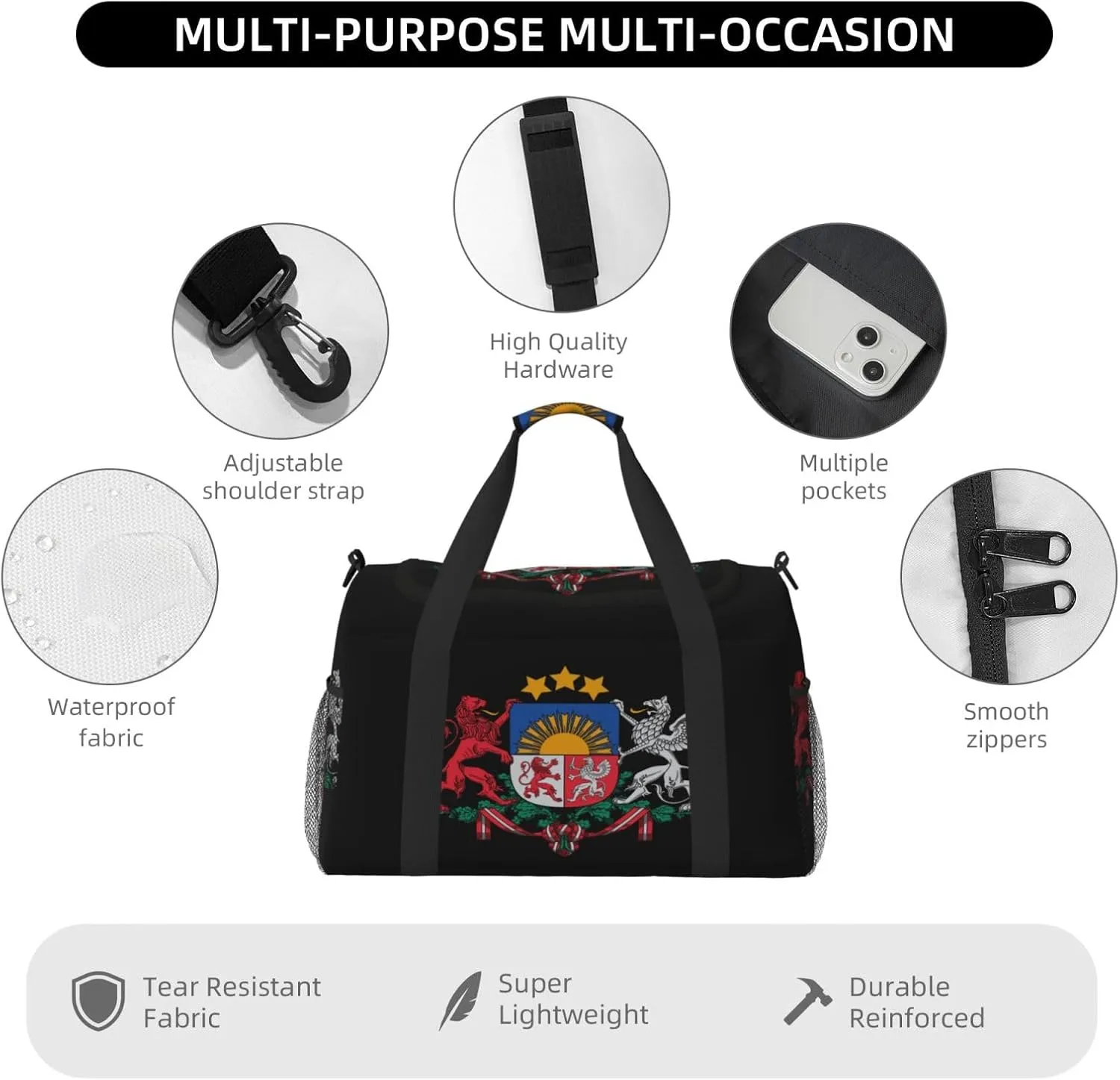 National Emblem Of Latvia Travel Duffel Bag Large Foldable Waterproof Overnight Bag For Beach Swim Bags Pool Sports Gym