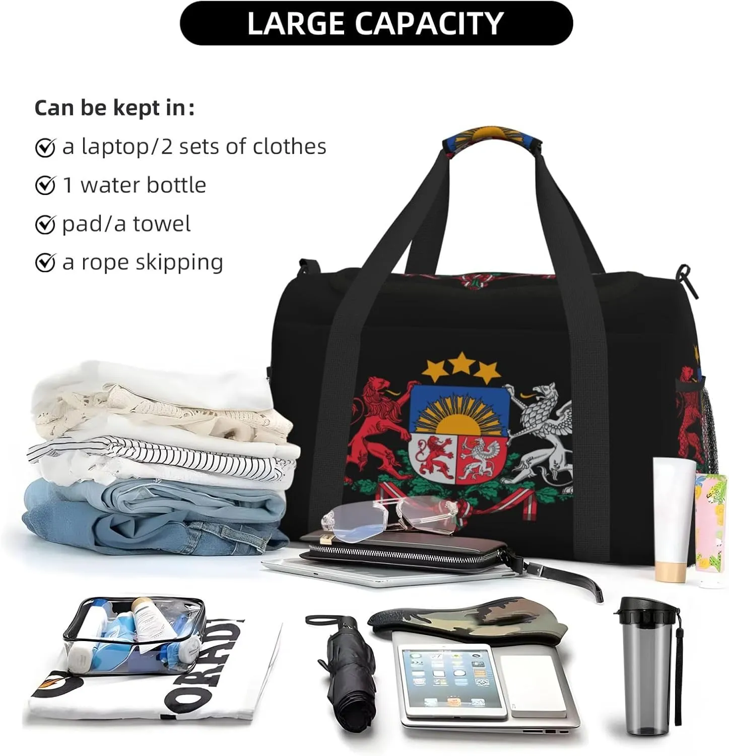 National Emblem Of Latvia Travel Duffel Bag Large Foldable Waterproof Overnight Bag For Beach Swim Bags Pool Sports Gym