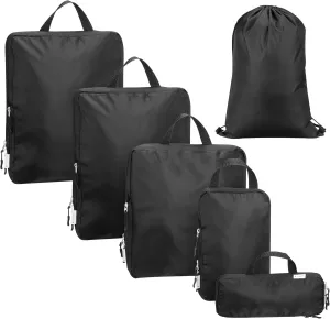 Navaris Compression Packing Cubes Set of 6 - Compressible Travel Bags for Packing Many Sizes - Lightweight Compression Travel Organizer Suitcase Carry On Luggage Backpacks - Black
