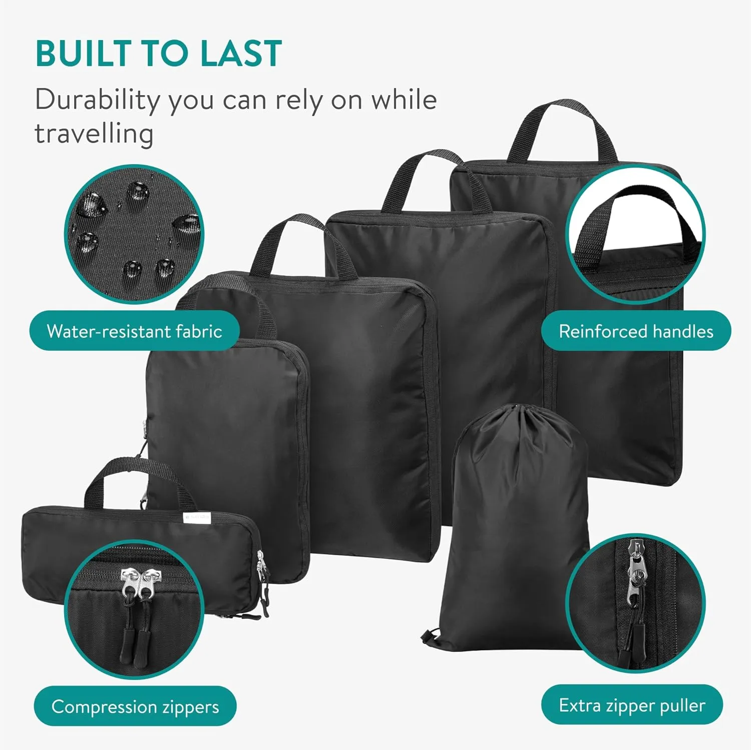 Navaris Compression Packing Cubes Set of 6 - Compressible Travel Bags for Packing Many Sizes - Lightweight Compression Travel Organizer Suitcase Carry On Luggage Backpacks - Black